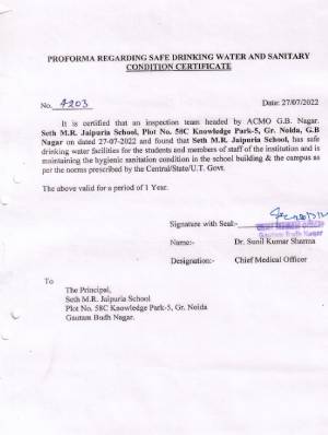 Drinking Water and Sanitary Condition Certificate